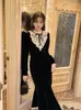 Sıradan Elbiseler Miiiix Hepburn Fransızca Zarif Lüks Velvet Elbise Sonbahar/Kış Tarzı Vintage Yamalı Dantel Balıkkası Kadın Giyim