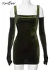 Повседневные платья Kontturi осень вечер моды для женщин квадратный воротник длинные перчатки в атласном платье для вечеринки бутылка зеленый бодикон mini