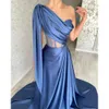 Jurks een prom marineblauwe schouder glamoureuze satijnen avondjurken Bone Bodice Slit Formele lange speciale OCN -feestjurk