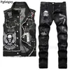 Zwarte schedel geborduurd 2 -delige heren sets mode slank denim vest en scheurde gat jeans twee stukken mannen casual pak streetwear 240428