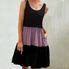 Vestidos casuais mulheres mini verão 2024 vestido simples de pescoço redondo bloco colorido com bolso de grande tamanho, camiseta solta