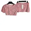 Pink Velvet Two Piece Dress Womens T Shirt Cropped Tops Short Skirt Full Jacquard Dresses