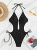 Kobiety stroje kąpielowe seksowne jednoczęściowe kostium kąpielowy czarny pusty pusta sznurka z bokiem boków boków strojów kąpielowych 2024 Summer plażowy kostium Monokini Y240429