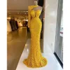 Kralen glitter gele een schouder lovertjes formele lange prom -jurk Dubai Arabisch gewaad de soiree feest avondjurken slijtage