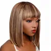 Short Bob Wig With Bangs 100% Brazilian Human Hair Straight 10 Inch Ombre Brown With Blonde Highlights 4/27 130% Density Glueless Machine Made With Razor Comb With Wig Cap