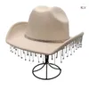 Berets Womens Rhinestones Cowgirl Hat Glitter Bling Diamond Fringe Cowboy For Party Music Festival Wide Brim