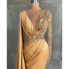 Frauen Abend für Satin Gold Perlen Kleider gegen Hals High Split Mermaid Prom Party Kleider langer Wickel formelle Robe de Soiree Mal