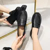 Casual schoenen zwarte lederen flats voor vrouwen dikke bodemplatform slip op cent mocassins jk lolita meisjes rond teen plus maat 43