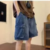 Mode Casual retro blauwe ladingpoortstijl losse grote pocket denim shorts mannen zomer dun gewassen vijfpuntbroek 240415