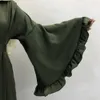 Dubai Flowy Abaya Big Ruffle Sleeve Islamitische kleding Moslim Women Zip Maxi Dress Flare Cuff Modest Gliny Soft Velvet Satin Cloth 240423