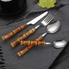 Dinnerware Sets Natural Wooden Handle Spoon Fork Knife Silverware Flatware Set 304 Stainless Steel Cutlery With Bamboo