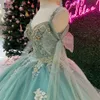 Salia Mint Princesa Verde Puffy Quinceanera Vestidos de Applique de ombro Apliques de renda de renda Gillter Lace -up Corset Charro vestido xv 15 Anos -up