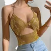 Damestanks Sexy Zie via Gold Chainmail Rhinestone Coreset Crop Top Vrouwen Zomer Halter Tank Gliter worden Nachtclub Beach Party Outfit