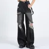 Dżinsy damskie rozryte Y2K High Street Boyfriend Pants Retro myted czarna prosta noga 2024 Moda