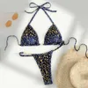 Dames badmode riem bikini set luipaard print halter bh faux parels voor vrouwen sexy strandkleding badpak met snel drogende stof 2