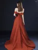 Party Dresses Brick Red Bridesmaid Prom Off The Shoulder Strapless Boat Neck A-Line Satin Train Wedding Celebrity Evening Gowns