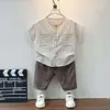 Summer Boys Set Childrens Clothing 2023 Korean Stilig Baby Short Sleeve 29 -årig bomullslinne Småbarn Kids Två bit 240428