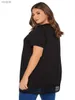 T-shirt pour femmes plus taille en V-collier élégant élégant élégant chair de travail de dentelle de printemps féminin 3/4 manche de travail décontracté de travail noir