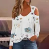 Blusas femininas fora do ombro, blusa de decote em V Floral Listrada de Metal Casual para Mulheres Spring O outono de cor sólida