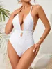 Swimwwear Women Sexy Solid One Piece Swimsuit 2024 Deep V Neck Femmes Push Up Bandage Backage Backless Breft Brésilien Bathing Fult Monokini