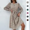 Casual Dresses Fashion Leopard Print Långärmad runda nackkvinnor Vestido Spring /Autumn Lace Up Elegant Roupas Feminina Body Sexy