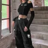 Damen T-Shirt Spleiß schwarzes T-Shirt Gothic One Schulterhülle Y2K Crop Top Falten Saum Hip-Hop Tech wohnen Womens T-Shirtl24029