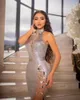 Party Dresses Sparkling Silver Sequined Evening Slim Design High Collar Prom Gown Formal Dress Vestido Robe