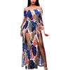 Abiti casual Slash Neck Elegant Dress Women Foglia Stampa di spalla divisa Maxi Long Slee Slim Elastic Party Club Vestidos