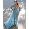 Evening Long Sleeves Blue Formal Illusion Gorgeous Party Prom Dress Beads Sequins Pleats Overskirts Dresses For Special Ocn es