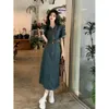 Casual Dresses Kikyu French Denim Dress Women's Retro Blue Long Sleeved Waist Cinching Skirt Women