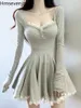 Casual Dresses Age Reducing Grey Sexy Dress For Women Spring Long Sleeve Slim Fit Waist Tight Style Spicy Girl Pleated A-line Short