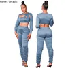 Meren Verado Spring Winter Women Pant Set à manches longues Hollow Out Crop Top and Suit Jogger Deux vêtements de club sexy en 2 pièces 240423