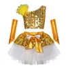 Clothing Sets Kids Girls Dance Performance Outfit Glittery Sequins Sleeveless Crop Top With Bowknot Tutu Skirt Metallic Shiny Gloves