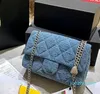 Diseñador - Bolsos de bolsos Mini Flap Bag Bag Shoulder Blue Denim Canvas Ajuste Correa de la cadena de plata Mujer de hombro