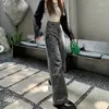 Damesjeans Koreaanse gotische denim broek vrouwelijk Harajuku hoge taille veter-ontwerp Rechte vrouwen y2k chic zwart grijs wijd been broek