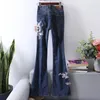 Women's Jeans Fashion Spring Women Flare Pants Vintage Floral Embroidery Long Trouser Highstreet Wide Leg Denim U160