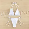 Biquíni de banho feminina Conjunto sexy branco 3d Flor Halter Swimsuits Triângulo Micro Thong 2024 Mujer String Push Up Mulheres