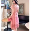 Robes décontractées 2024 Summer Luxury Sweet Pink Mesh Cake Robe Femme Elegant Abrodery Brodemery Lace Short Mancheve High Waist Party Princess