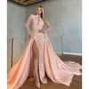 Mouwen pailletten avond v elegante roze overskirts nek formele lang feest prom jurk plooien dijspleetjurken voor speciale ocn es