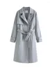 Trench Coats de femmes Ziqiao Simple Double Bords Long Long Spring Raglan Sleeve Collier Femme Blue Grey Mabet 24ZQ91232