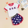 Kleidungssets 4. Juli Kinder Mädchen Outfits Buchstaben Print Crew Hals Kurzarm T-Shirts Stars Shorts 2pcs Kleidung Set