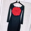 Casual Dresses ZZSLUIA 3D Flower Appliques Designer Slim Long For Women Slash Neck Sleeve Elegant Sexy Dress Female Cloth