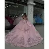 Robes de robe bal balle élégante princesse rose rose hors épaule appliques florales vestido de quinceanera Sweep Train Tulle Sweet 15 Masquerade Robe