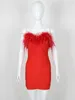 Lässige Kleider Frauen Promi Luxus sexy trägerlose Feder Red Midi Bodycon Kleider Abendbühne Performance Vestido