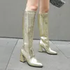 Boots Knee High For Women Sexy Snake Leather 2024 Brand Winter Cowboy Female Luxury Gold Green Heeled Long Party Shoes