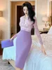 Robes décontractées français élégante robe violette femme chic chic en maille élastique plis enveloppe de robe à manches longues à manches longues