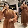 Party Dresses Vintage Lace Tulle Arabic Women Evening Puff Long Sleeves Buttons V Neck Ankle Length Brown Formal Prom Gowns