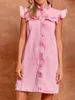 Lässige Kleider Frauen ärmellose Tankkleid Sommer Fliegerhülle Rüschenkragen Button Down Cotton Denim Kurzstrand Sunddress
