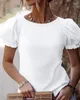 T-shirts de femmes Fashion Femmes Blouse 2024 Summer Summer Puff Eyelash Lace Patch Top Elegant Round Coul Tied Detail Daily Short Sleved