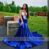 Prom Blue Sexy Royal Mermaid Veet Sheer Neck Beads Crystal ASO ASO EBI Vestido de fiesta de graduación Vestidos formales Rente de Bal